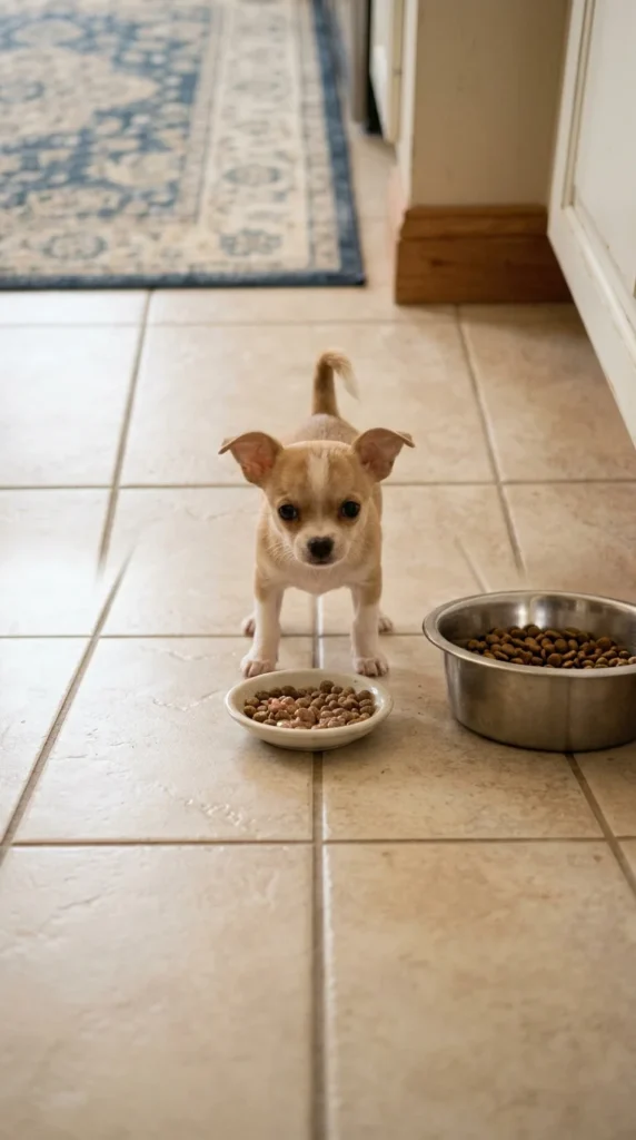 Tiny Chihuahua puppy eating a small meal from a shallow dish