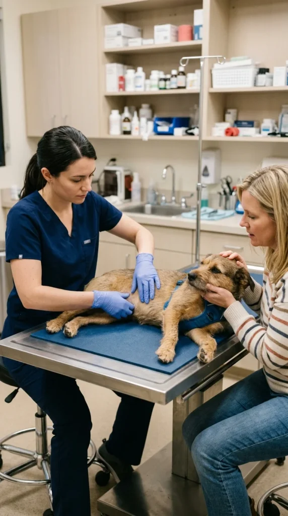 Veterinarian gently examining a dog's abdomen while the owner comforts the dog