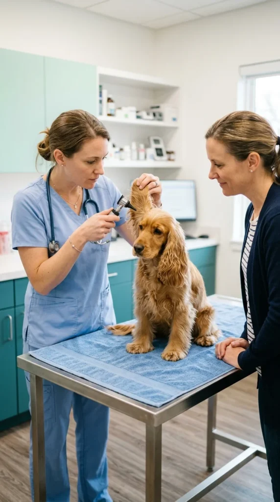 Veterinarian examining a Cocker Spaniel's ear during an exam