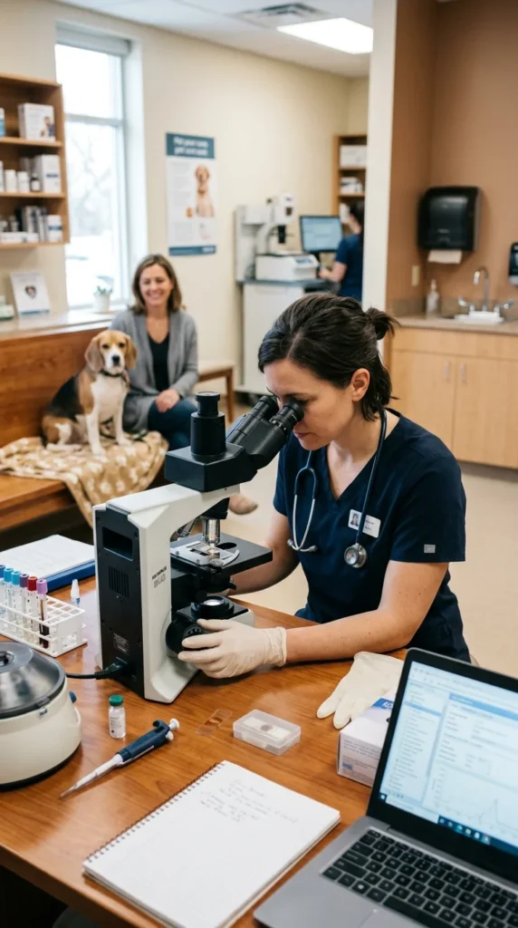 Veterinarian checking a dog's stool sample under a microscope while the owner waits