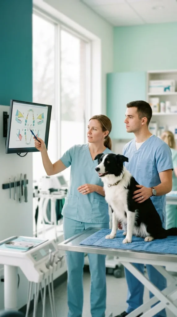 Veterinary team reviewing a dog's dental exam