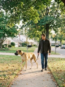 Great Dane walking with its owner on a leafy neighborhood path