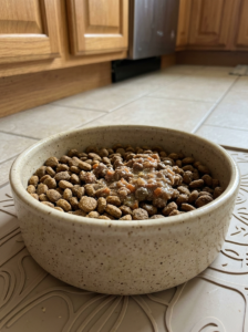A small amount of wet dog food mixed with dry kibble.