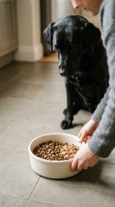 Softened kibble in a dog bowl with a small amount of veterinarian-approved wet food.