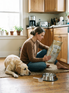 Dog owner checking a dog food package before serving a meal.
