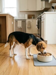 Adult dog eating a measured mix of wet and dry food