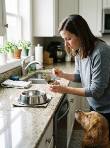 Pet owner checking wet dog food before serving it to a dog.