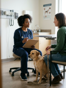 Dog owner discussing digestive symptoms and a food change with a veterinarian