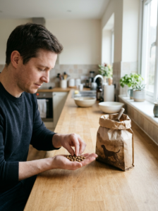 Pet owner checking dry dog kibble before serving it.