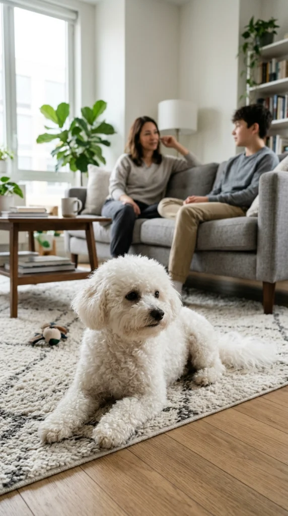 A healthy family dog relaxing comfortably near an adult and family members in a realistic