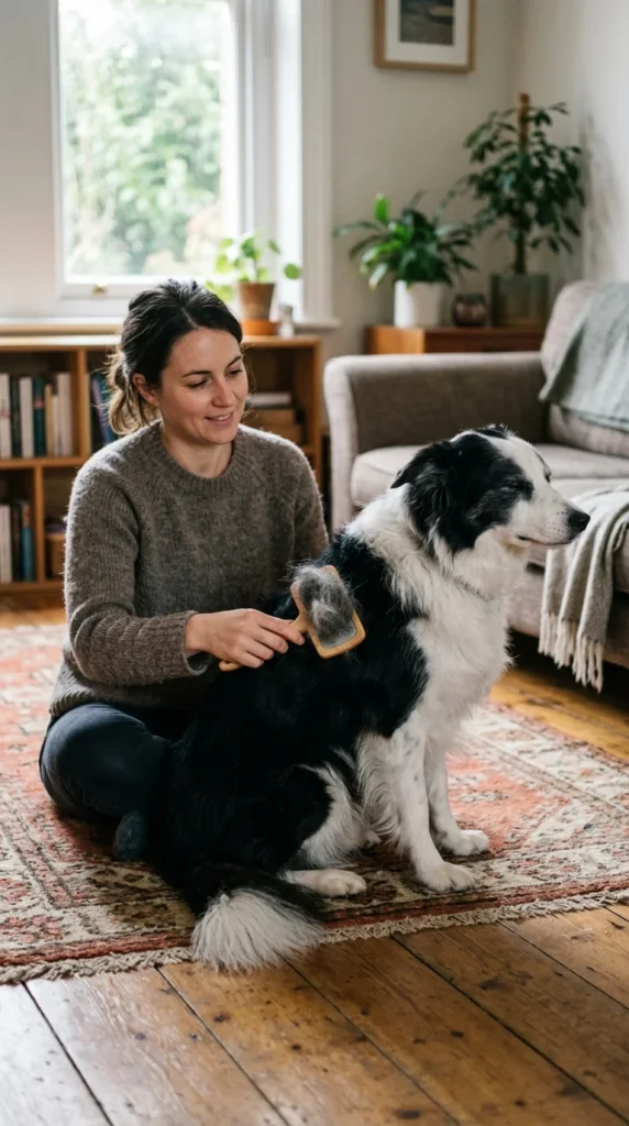 Owner brushing a Border Collie to remove flakes and spread natural oils