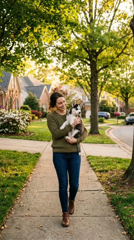Owner carrying a puppy outdoors while its vaccine series is still in progress