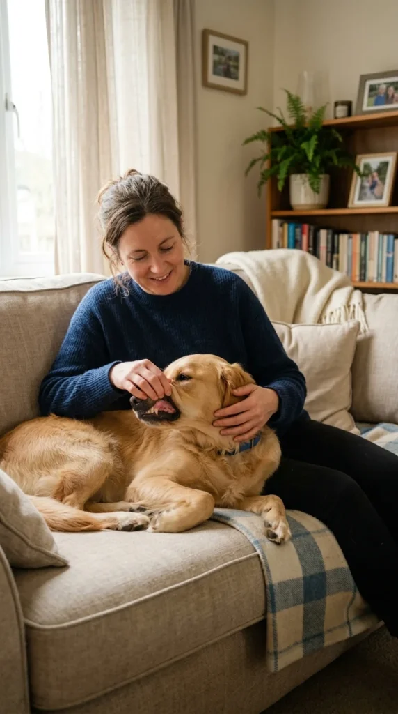 Owner gently checking a dog's gum color at home