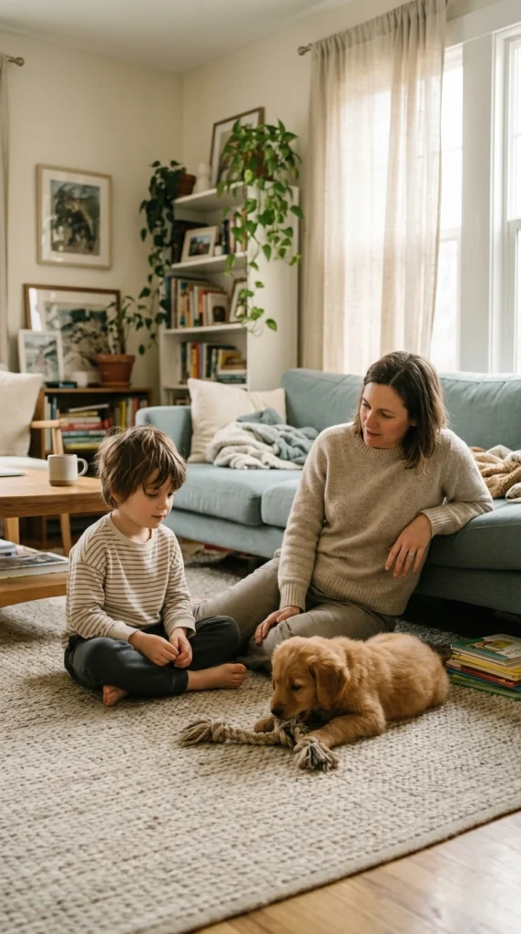 Child sitting calmly while a puppy chews a toy under adult supervision