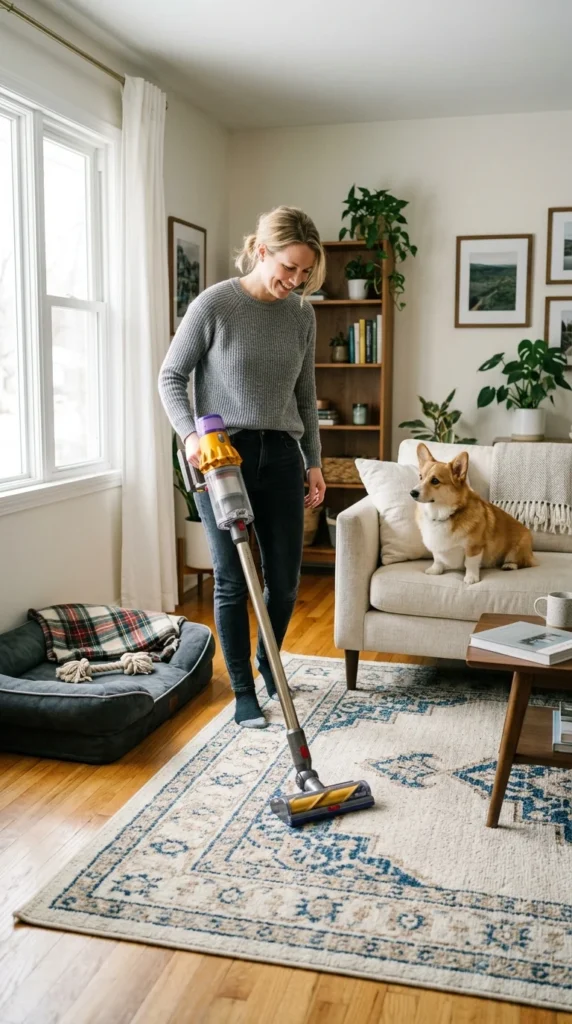 Owner vacuuming a rug near a dog bed to help control fleas at home