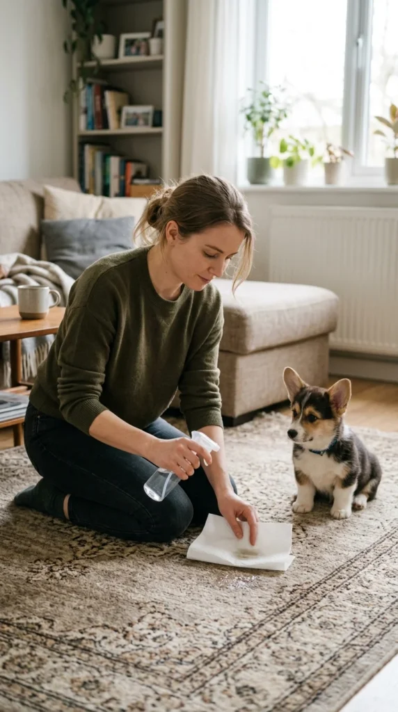 Owner calmly cleaning a puppy accident on a rug with an enzymatic cleaner