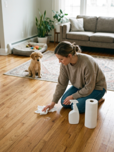 Owner cleaning a puppy accident on the floor