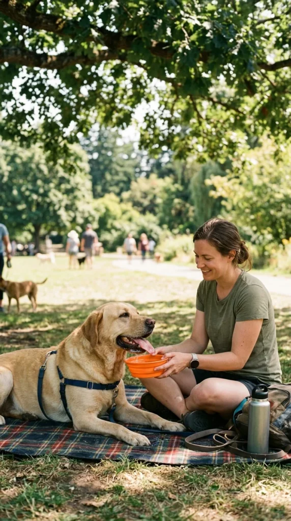 Owner giving a Labrador water in the shade during a warm-weather walk