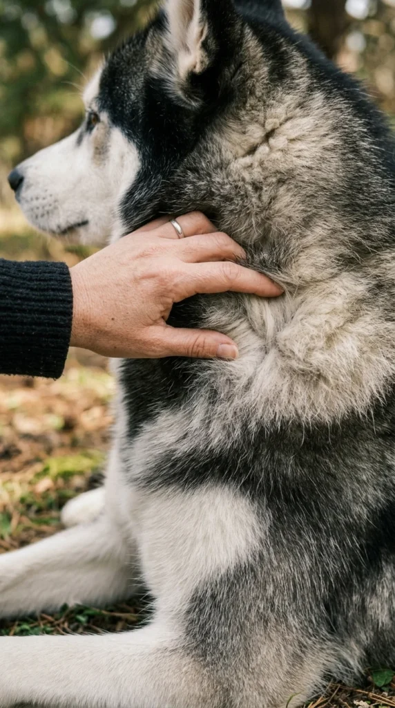 Hand parting a Husky's fur to show the dense undercoat