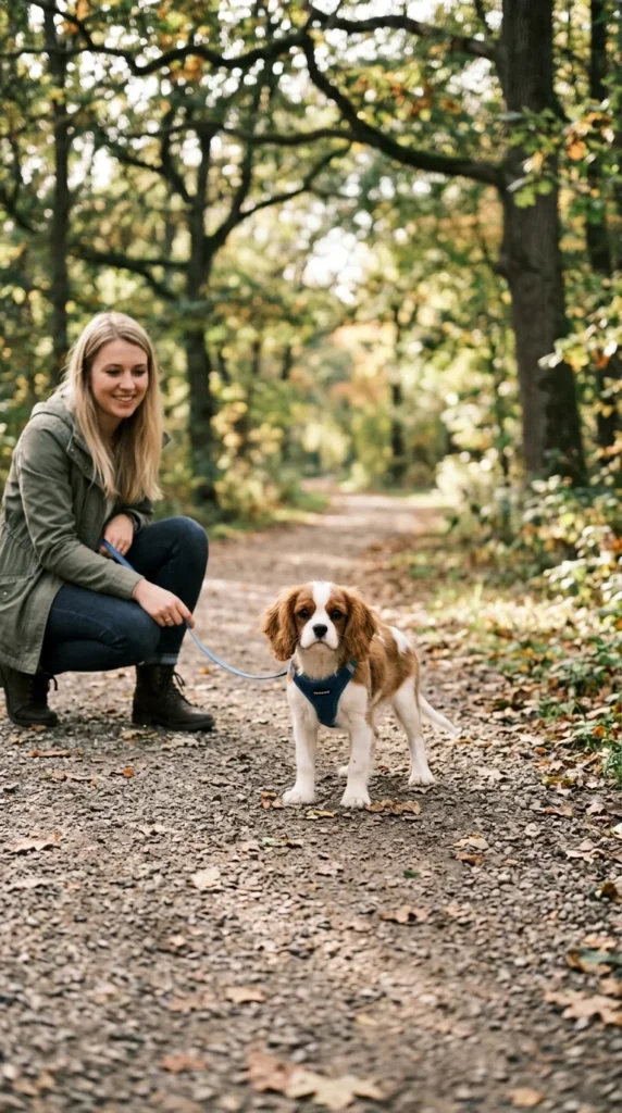 Owner giving a hesitant puppy space to relax during a walk