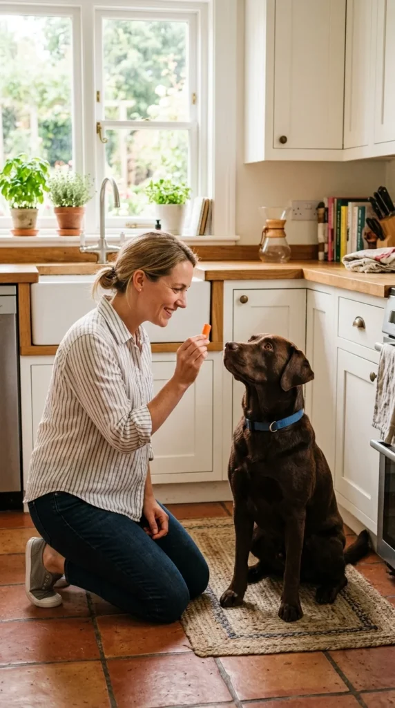 Owner offering a small carrot treat to a seated Labrador Retriever