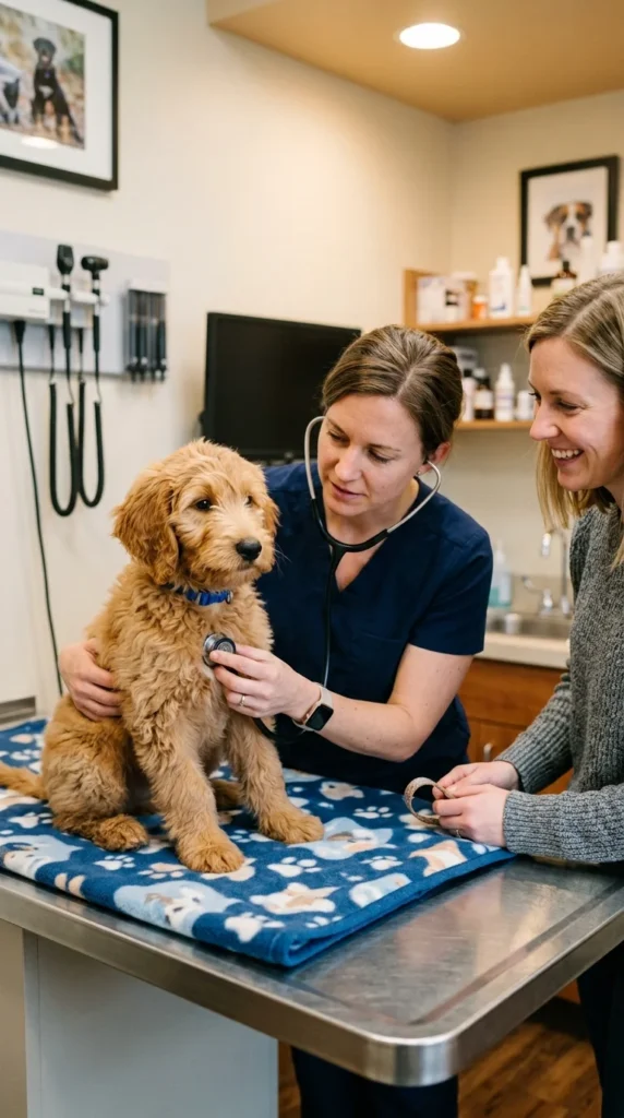 Veterinarian examining a Goldendoodle puppy at its first checkup while the owner watches