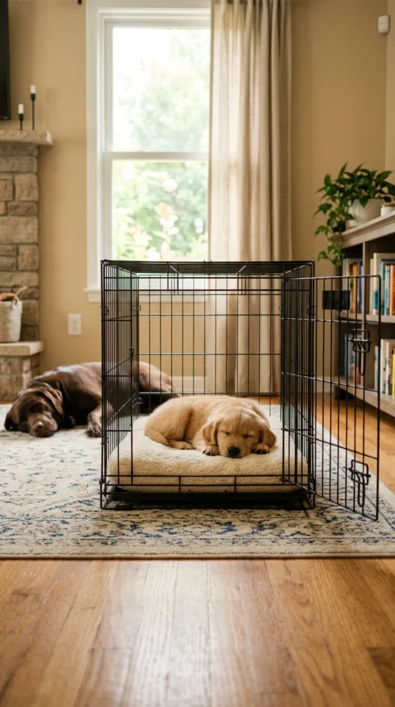 Puppy resting in an open crate in a calm family room