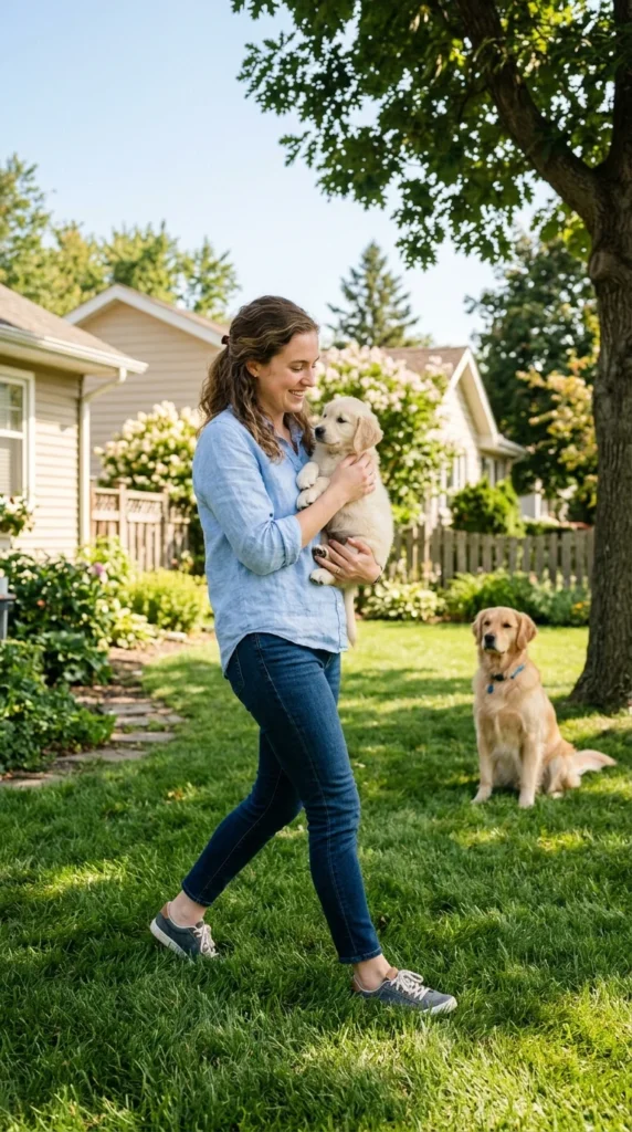Owner carrying a puppy safely through a sunny yard