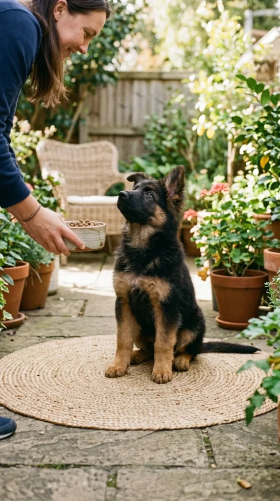 German Shepherd puppy sitting calmly while its owner sets down a meal