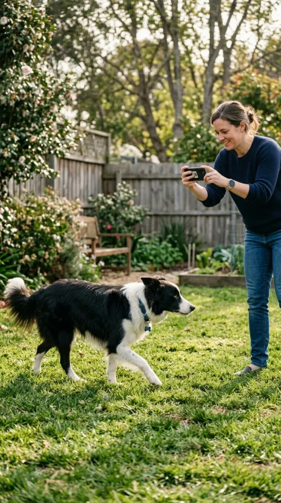 Owner filming a Border Collie walking to show the veterinarian