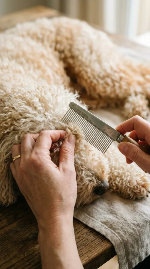 Hands gently combing a tangle out of a curly dog's coat