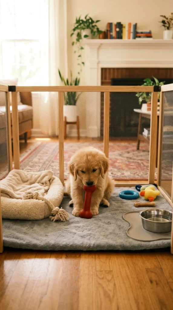 Puppy chewing a toy inside a gated safe area with a bed and water bowl