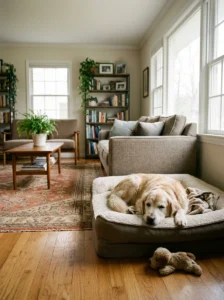 Senior Golden Retriever with a gray muzzle resting on a dog bed