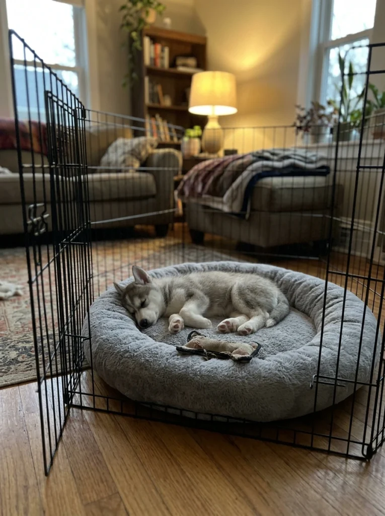 Husky puppy resting in a quiet playpen to calm down