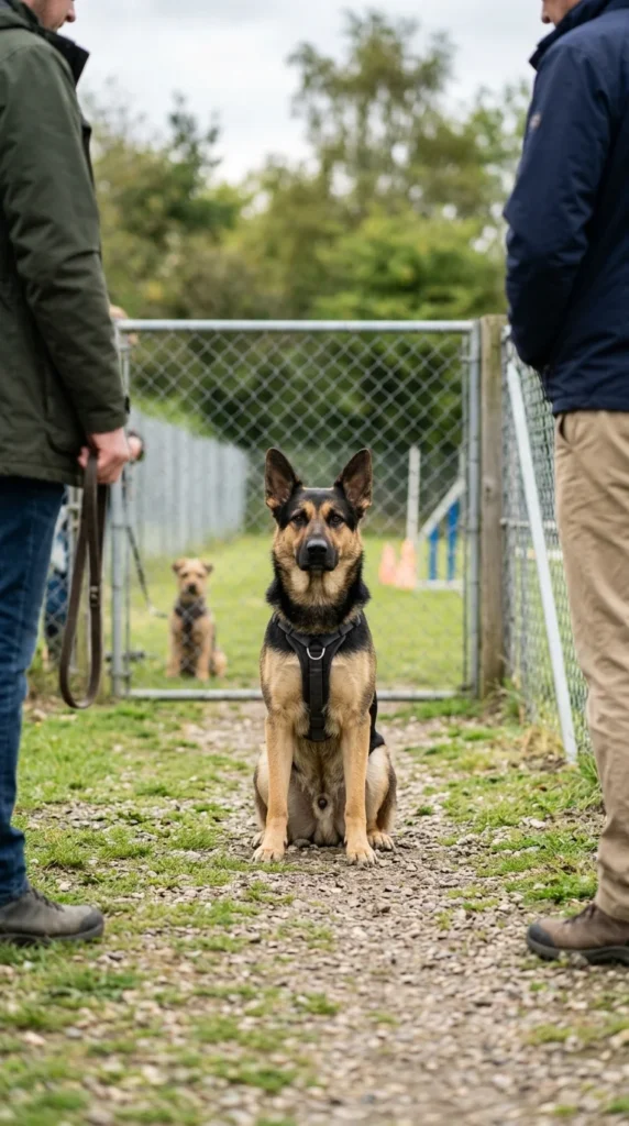 Trainer coaching an owner while a dog sits calmly at a distance from another dog
