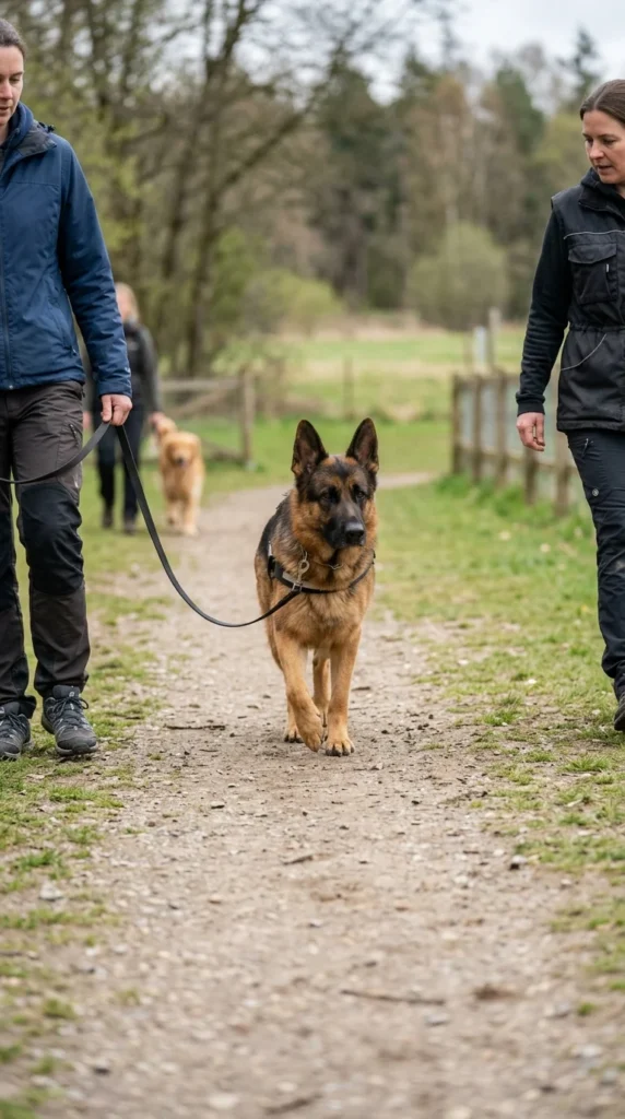 Trainer coaching an owner while a dog walks calmly at a distance from another dog