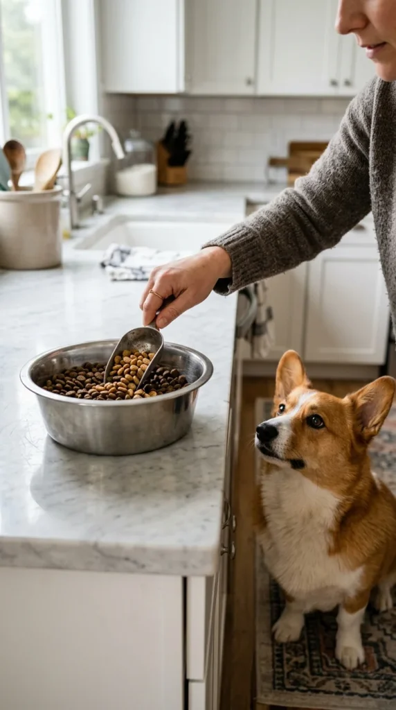 Owner mixing new dog food into old food to switch diets gradually