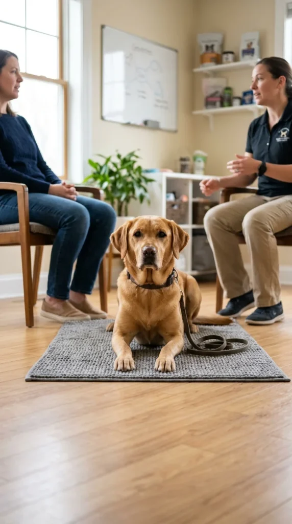 Veterinarian and owner discussing a crate plan with a calm adult dog