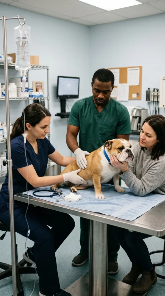 Veterinarian examining a Bulldog in a clinic with fluids set up nearby