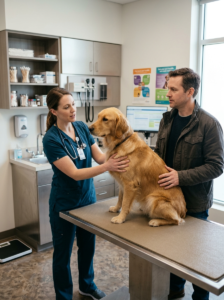 Veterinarian examining a dog during a nutrition consultation.