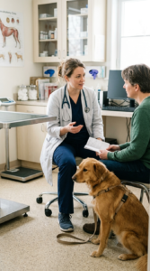 Dog owner discussing a feeding diary and appetite changes with a veterinarian during a clinic visit.