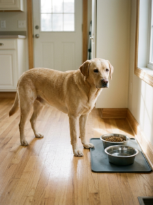 Healthy dog beside its daily food bowl and fresh drinking water.