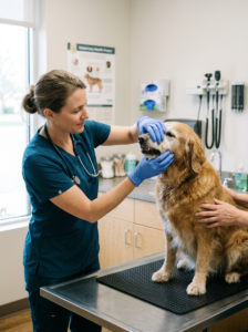 Veterinarian gently checking a senior dog's mouth during an examination.