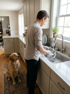 Stainless-steel dog food bowl being washed after mealtime.