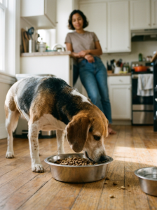 Comfortable dog eating its new food after a veterinarian-guided diet transition