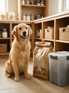 Dog food bag and airtight container arranged in a tidy pantry.