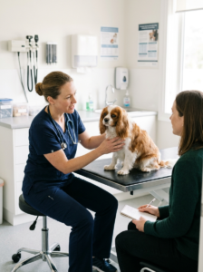Veterinarian examining a dog during a digestive health consultation.