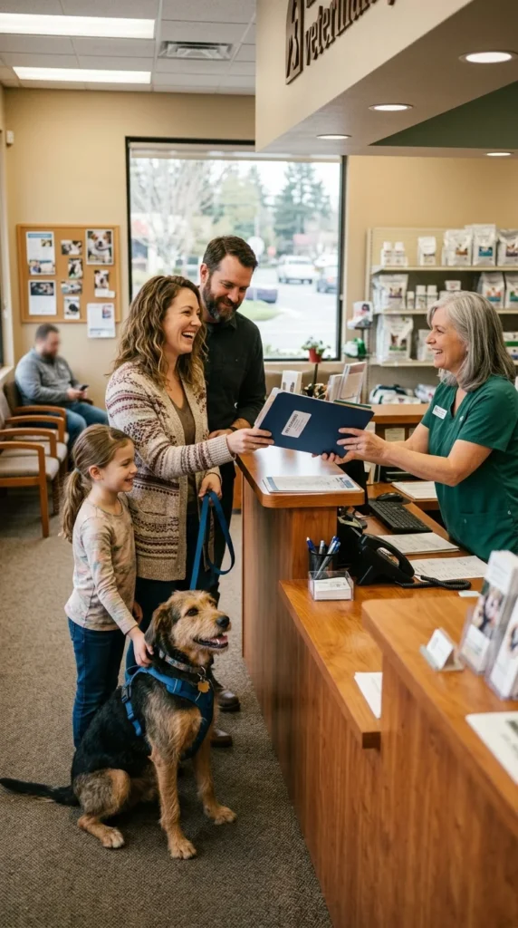 Family at a vet clinic with an adopted dog reviewing vaccination records