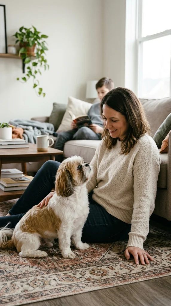 A healthy family dog relaxing comfortably near an adult and family members in a realistic
