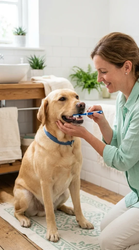 Owner brushing a Labrador's teeth with a dog toothbrush